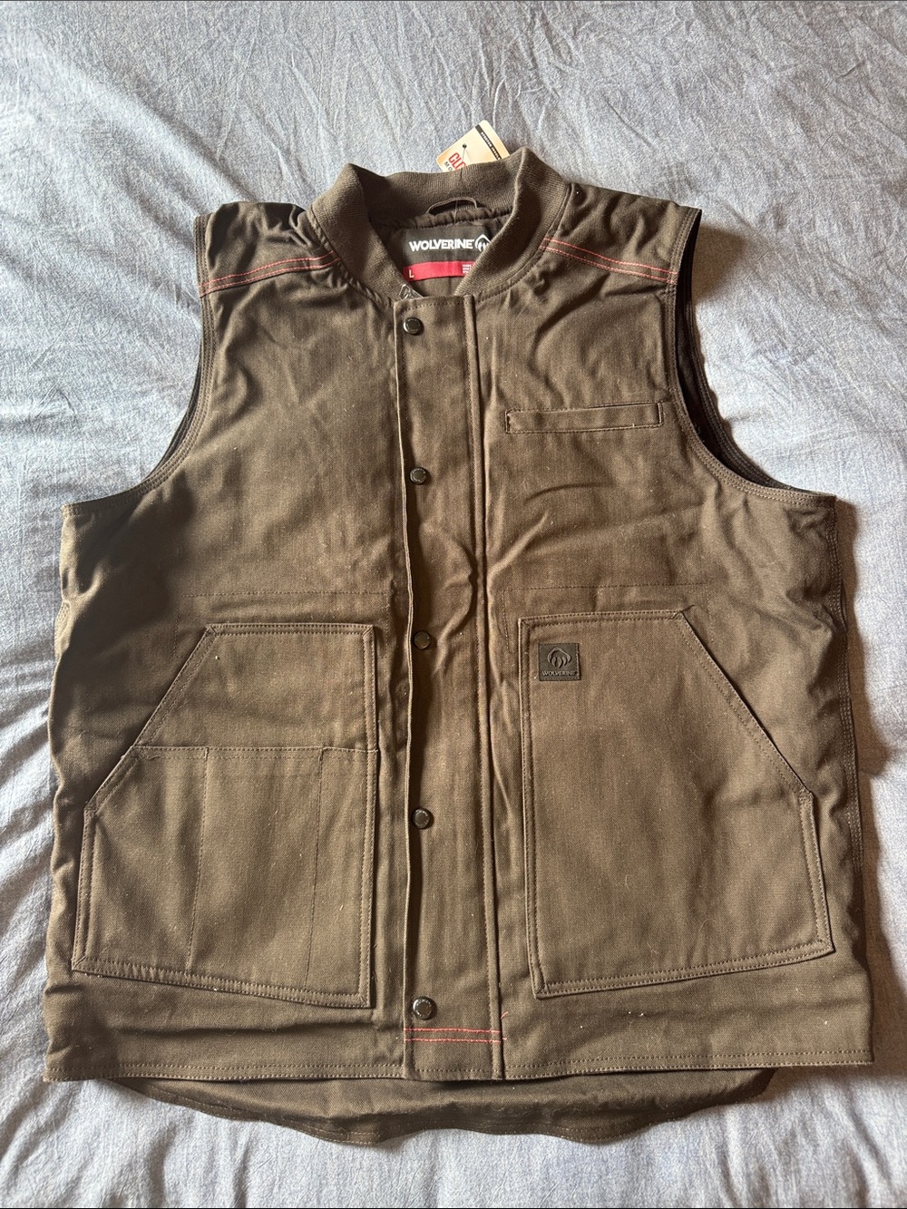 Wolverine Brown Canvas Work Vest with Red Stitching
